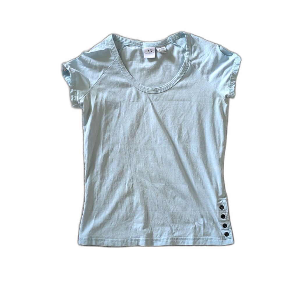 VTG Armani Exchange Light Blue Y2K Style Raglan Cap Sleeve Baby Tee Sz M